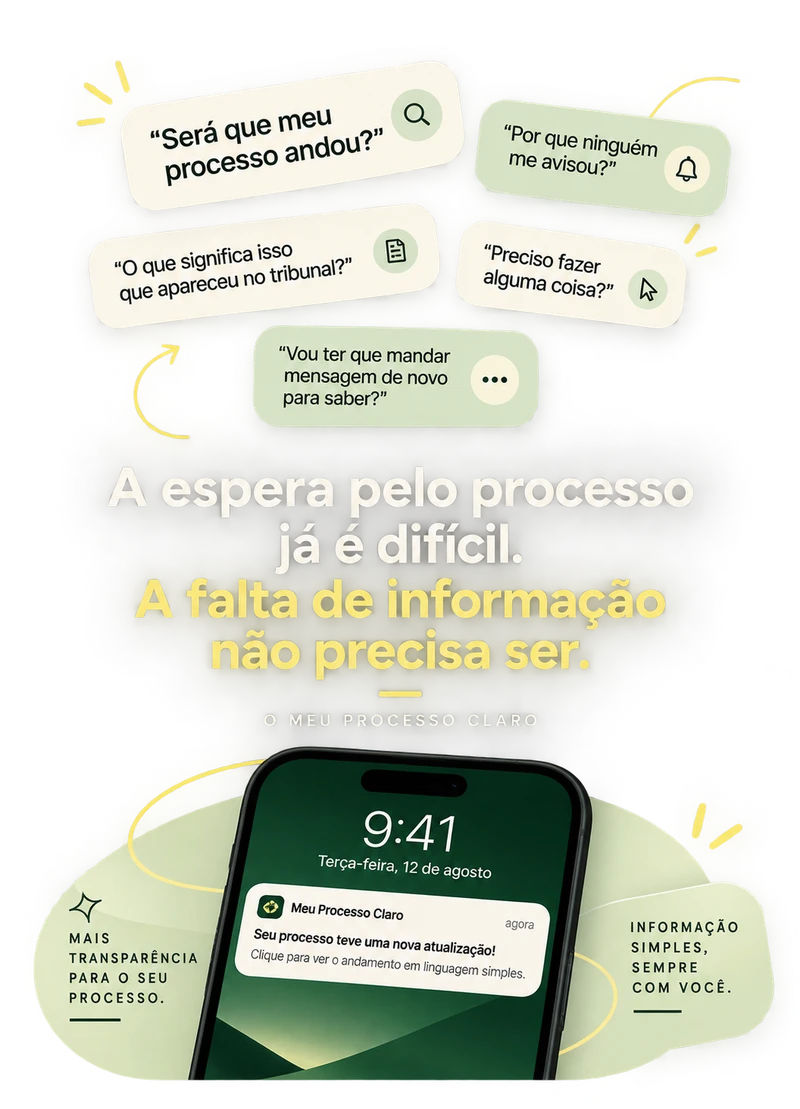 Cinco perguntas que quem tem processo pendente costuma se fazer, seguidas da frase A espera pelo processo já é difícil, a falta de informação não precisa ser, e uma notificação do Meu Processo Claro na tela bloqueada do celular.